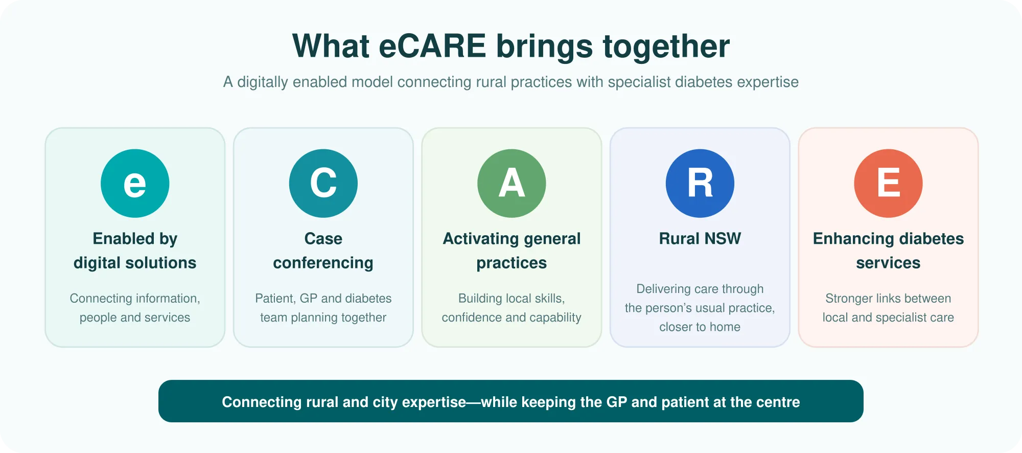 What eCARE brings together: enabled by digital solutions, case conferencing, activating general practices, rural NSW, enhancing diabetes services